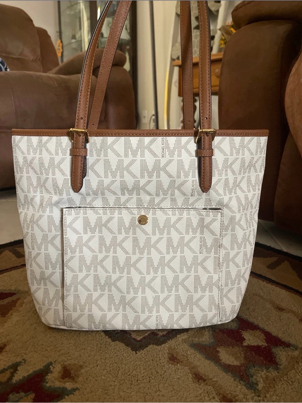 Michael Kors White MK Logo Tote with Brown Leather Straps